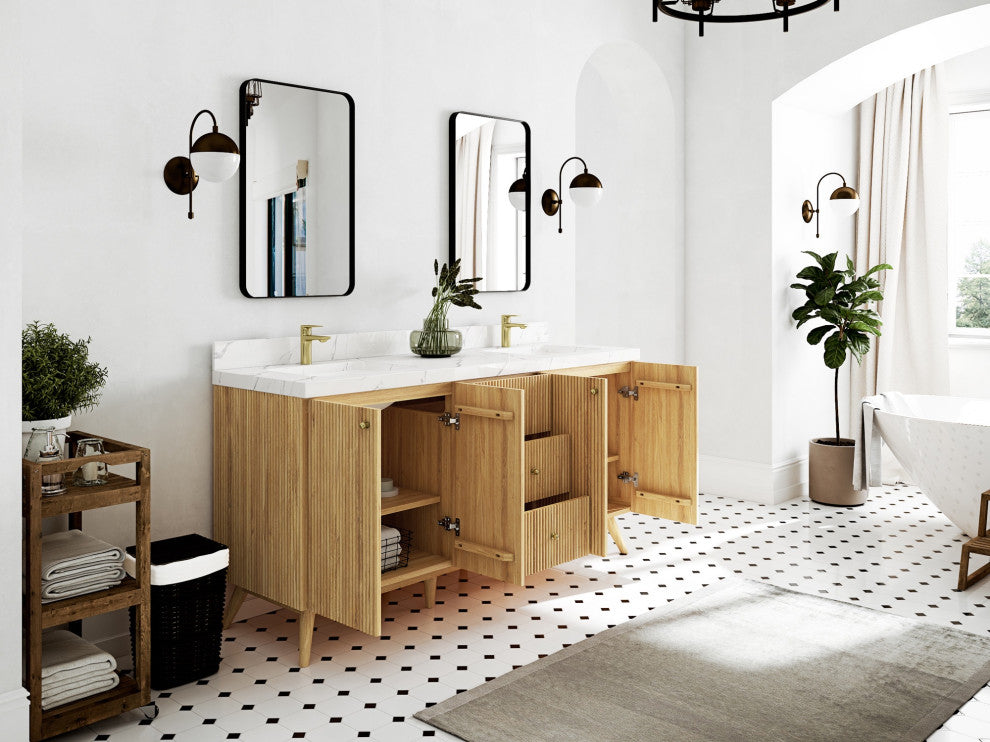 Pasadena 72" Double Sink Bath Vanity, Light Natural Teak 2" Calacatta Poanazzo