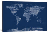"World Map Sheet Music (Blue)" by Michael Tompsett, Canvas Print, 26x18"
