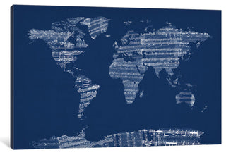 "World Map Sheet Music (Blue)" by Michael Tompsett, Canvas Print, 26x18"
