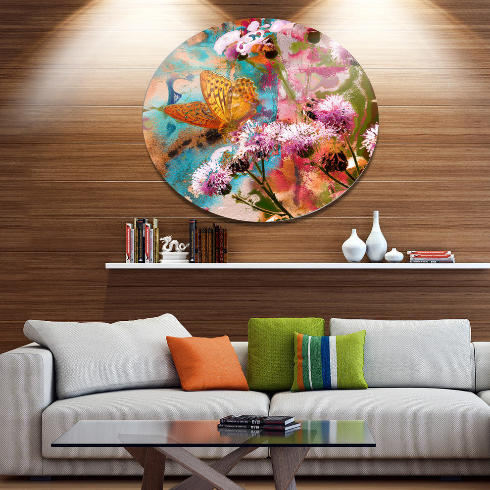 Yellow Butterfly On Thistle Flowers, Floral Round Metal Wall Art, 23"