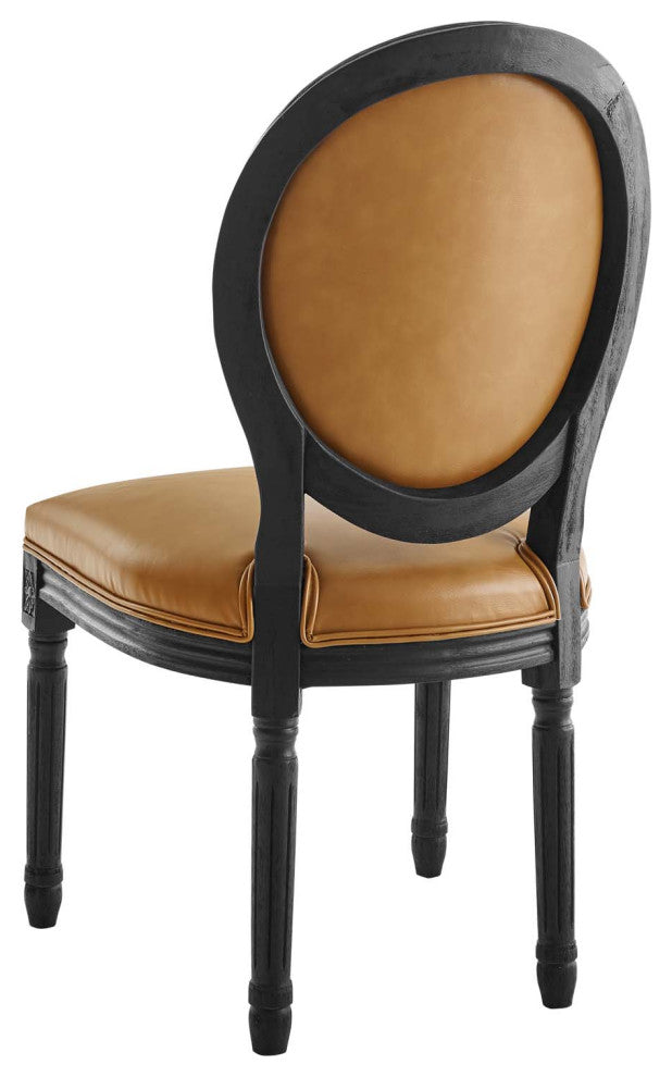 French Vintage Side Dining Chair, Faux Vegan Leather, Wood, Black Tan, Modern