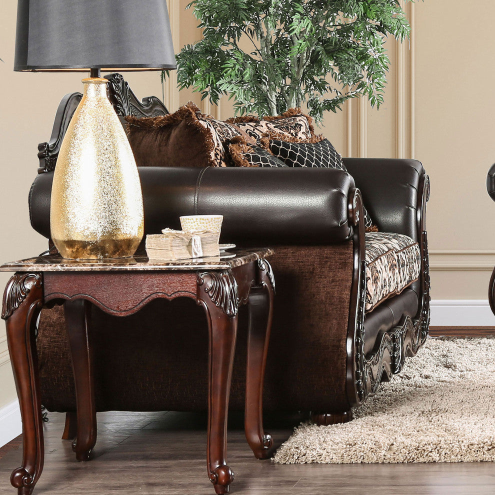 Faux Leather and Chenille Love Seat with Button Tufting Design, Brown