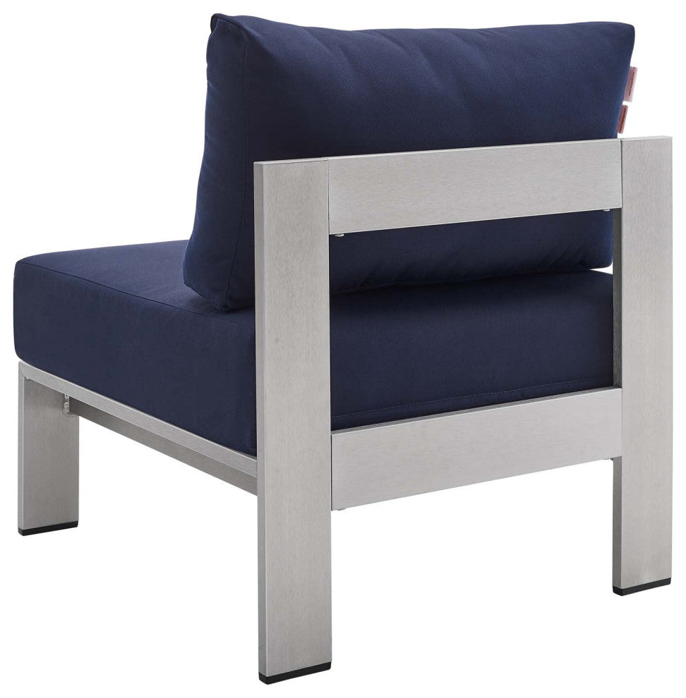 Sofa Middle Chair, Sunbrella, Fabric, Aluminum, Metal, Silver Blue Navy, Outdoor