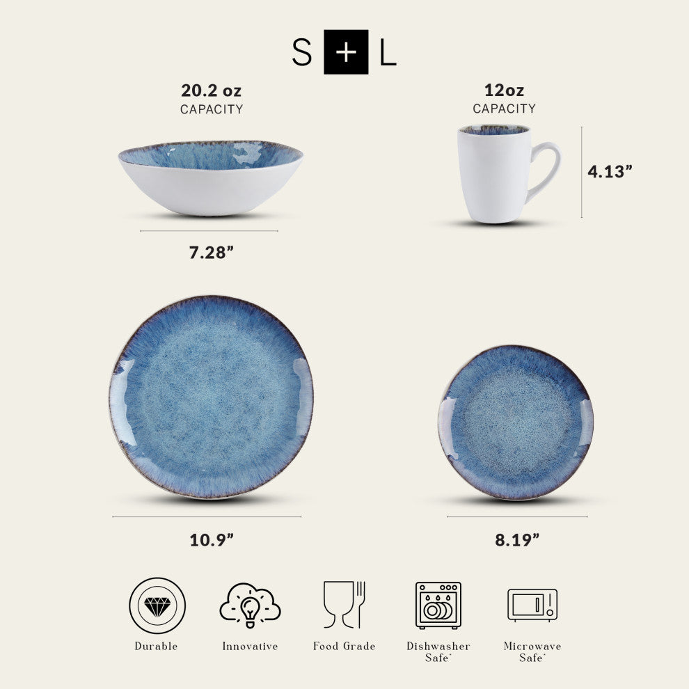 Stone Lain Romy Stoneware 16 Piece Dinnerware Set, Blue