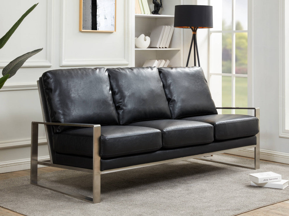 LeisureMod Jefferson Modern Faux Leather Sofa With Silver Frame, Black
