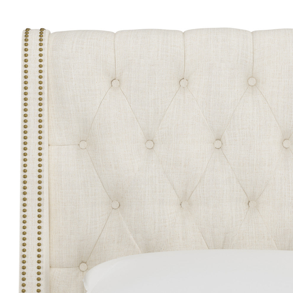 Williams King Nail Button Tufted Wingback Platform Bed, Linen Talc