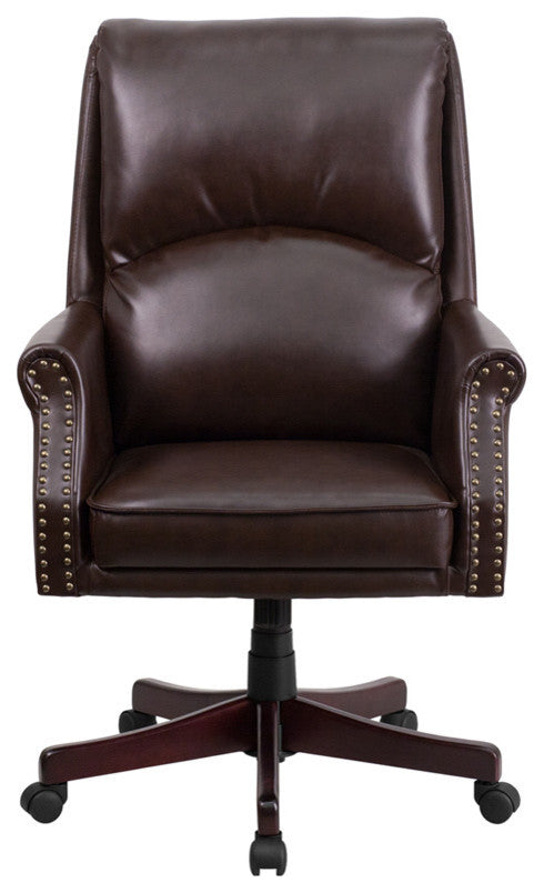 High Back Pillow Back Brown LeatherSoft Executive Swivel Office Chair with Arms