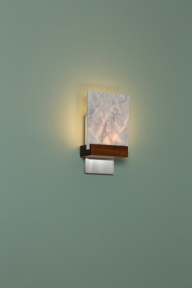 Fortis LED Wall Sconce, Dark Stained Walnut, Oiled Bronze, Carrara Marble