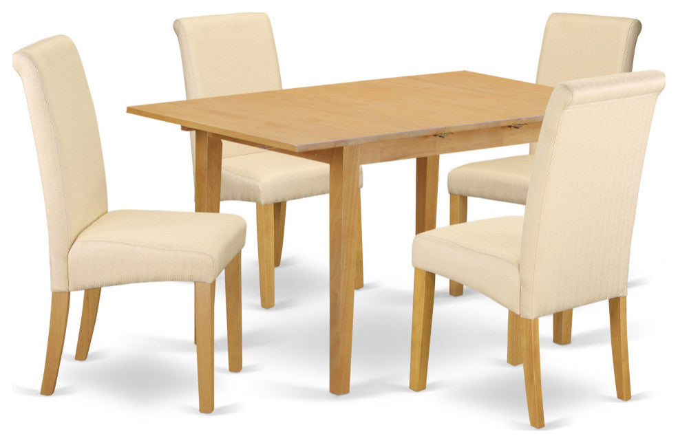 5Pc Kitchen Table With Linen Beige Fabric Parson Chairs With Oak Chair Legs