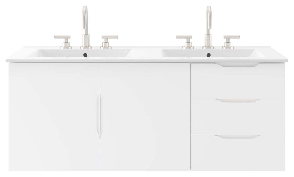 Double Sink Vanity Cabinet, White, Ceramic, Melamine, Modern, Hotel Bathroom
