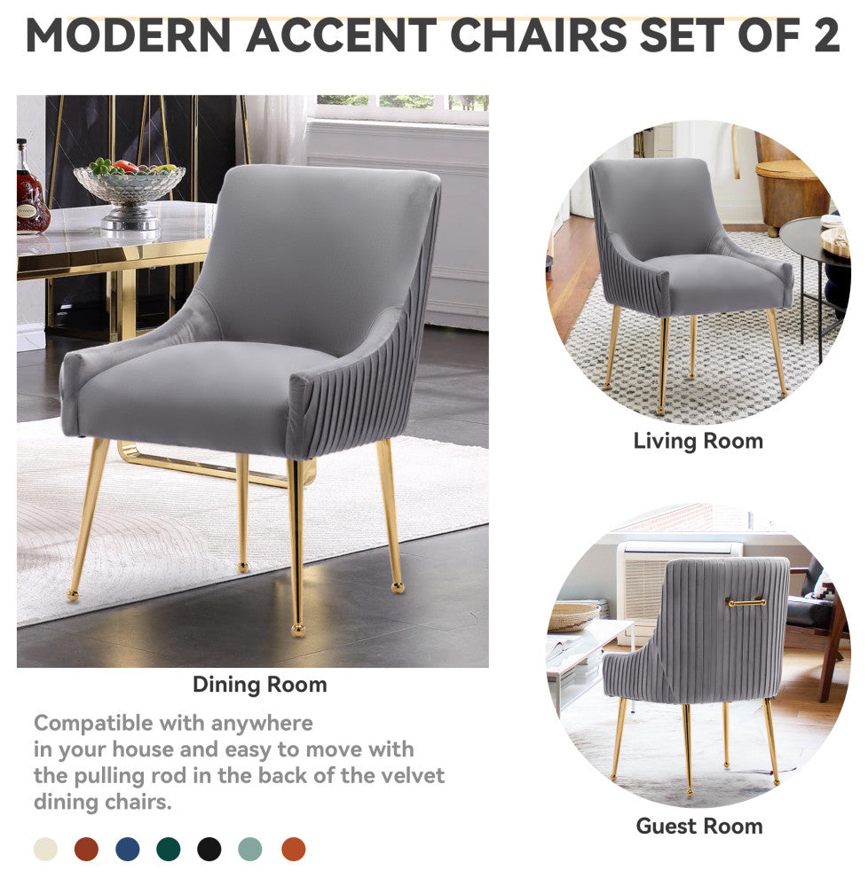 Glam Pleated Velvet Dining Chair Set of 2, Tufted Side Accent Kitchen Chair, Gray