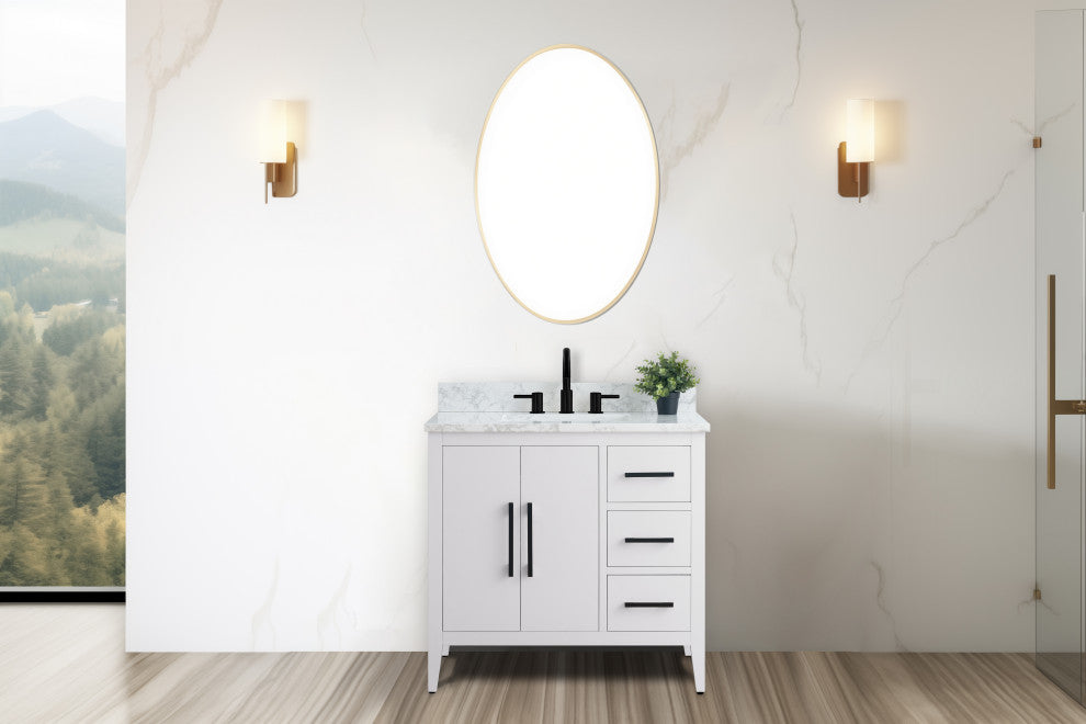 Vanity Art Bathroom Vanity With Sink, White, 36", Single Sink, Matte Black