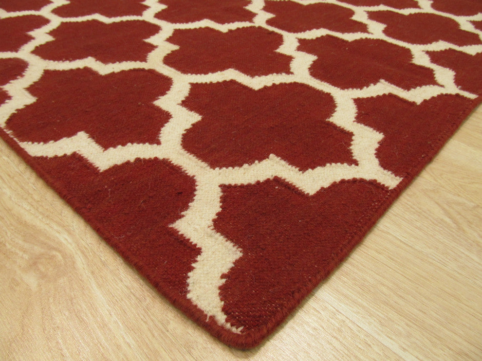 Handmade Wool Red Contemporary Trellis Flatweave Reversible Moroccan Rug, 8'x10'
