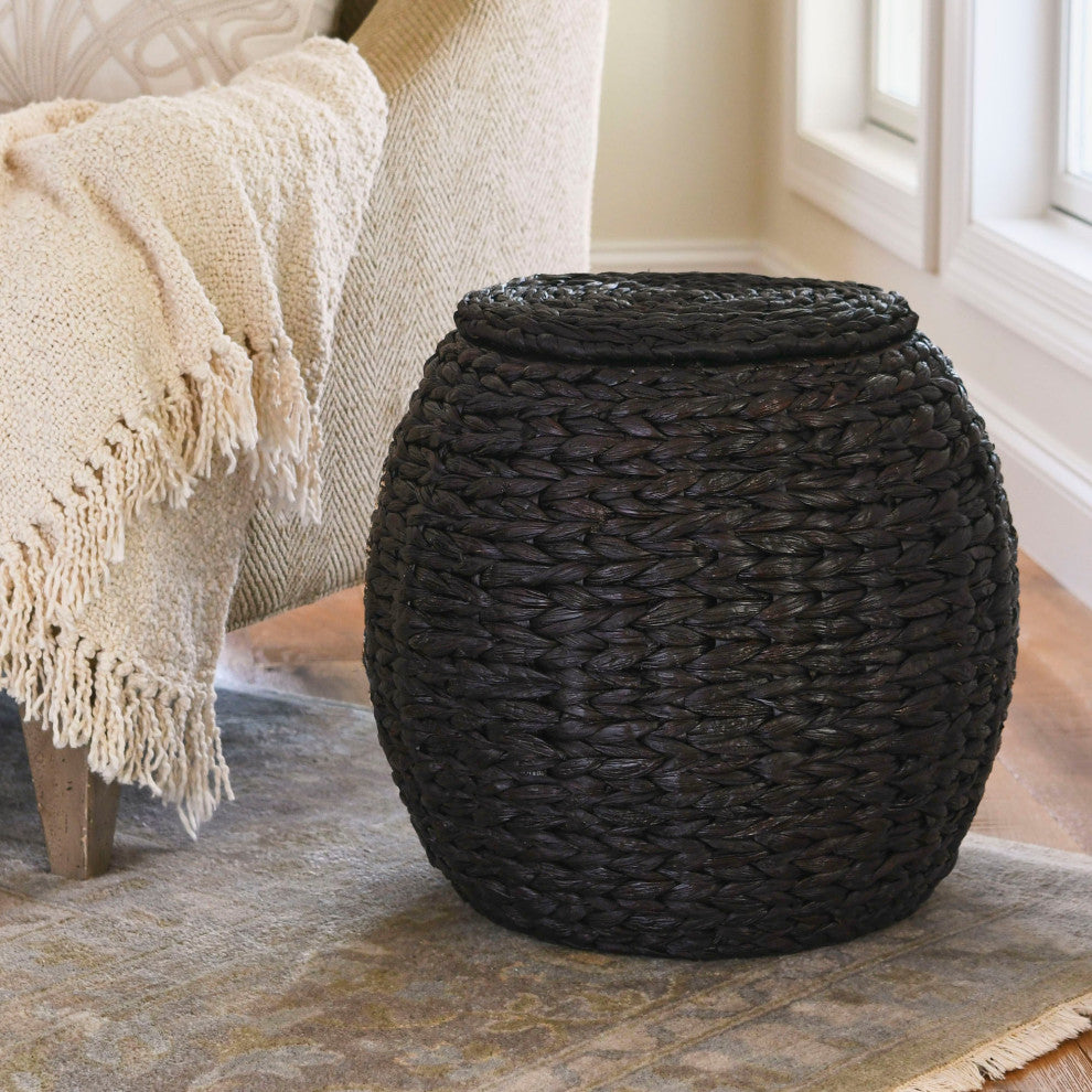 Handwoven Water Hyacinth Barrel Wicker Storage Basket Side Table