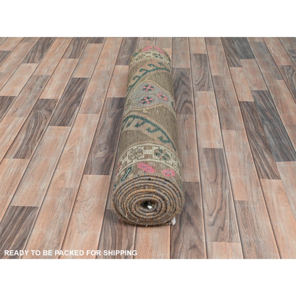 Hazelnut Brown Vintage Northwest Persian Hand Knotted Pure Wool Rug, 3'3"x12'10"