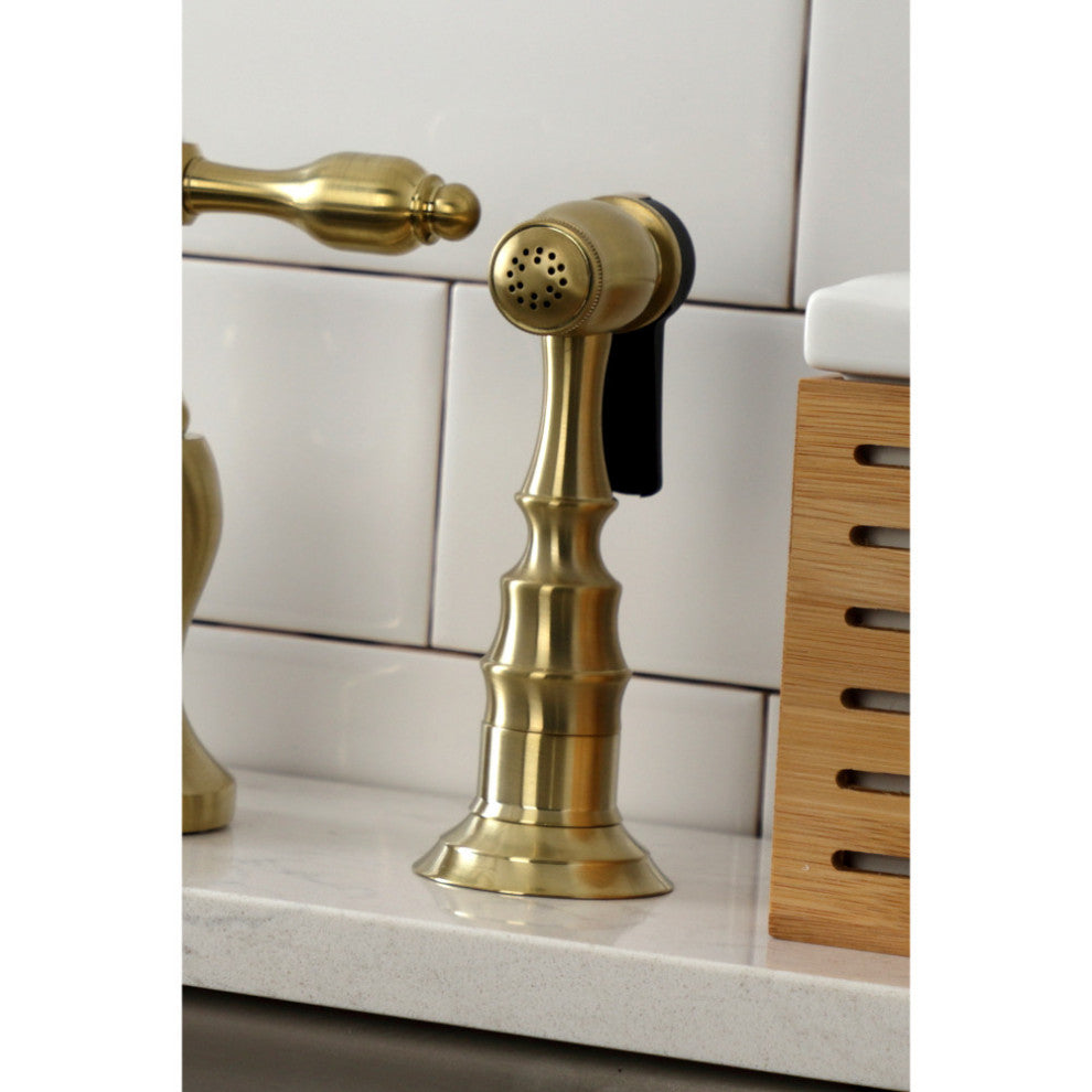 KS7797TALBS Tudor Bridge Kitchen Faucet With Brass Sprayer, Brushed Brass