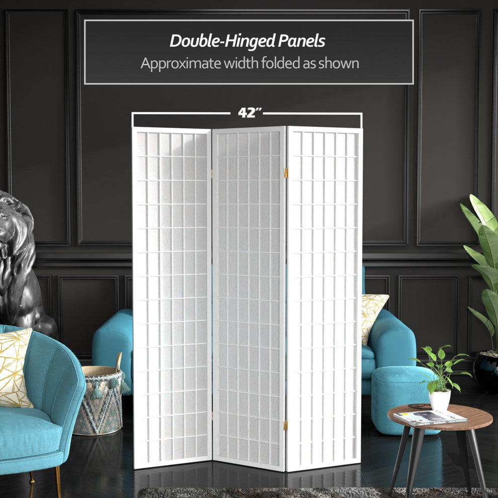 6' Tall Window Pane Shoji Screen, White, 3 Panels