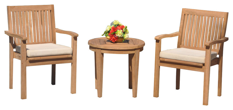 3-Piece Outdoor Patio Teak Dining Set, 23.5" Round Table, 2 Leveb Stacking Chair