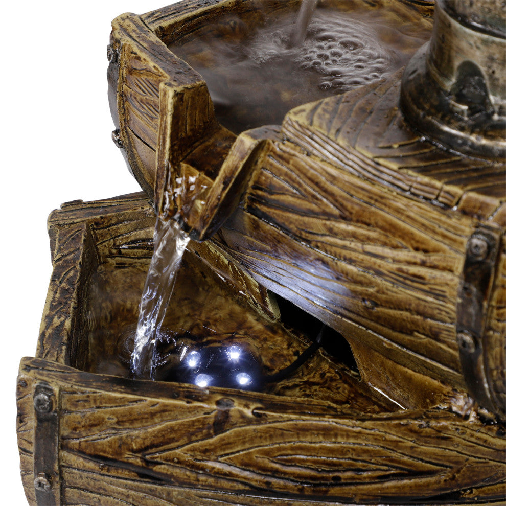Alpine 2-Tier Water Pump Barrel Fountain With LED Light, 14" Tall