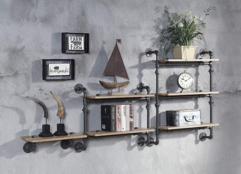 1 Tier Oak Wood Floating Shelf With Metal Tube, Sandy Black