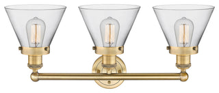 Edison Large Cone 3-Light 26" Vanity Light, Brushed Brass Finish, Clear Shade
