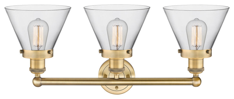 Edison Large Cone 3-Light 26" Vanity Light, Brushed Brass Finish, Clear Shade
