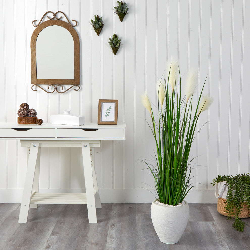 Nearly Natural 4.5" Wheat Plum Grass Artificial Plant, White Planter