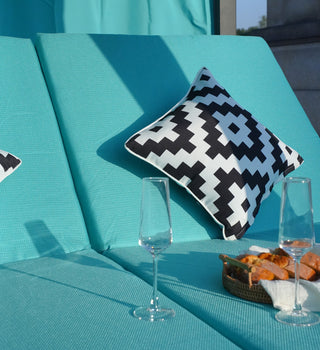 Outdoor Dual Chaise Lounger Cushioned Sunbed With Adjustable Curtains & Canopy, Cyan