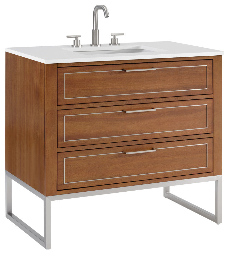 Markham Bathroom Vanity, Walnut/Brushed Nickel, 36", White Quartz Top