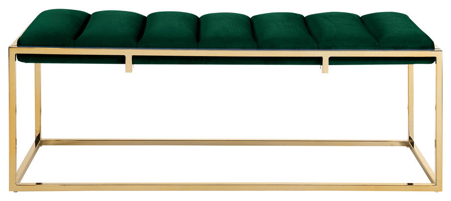 50" Green And Gold Upholstered Velvet Bench
