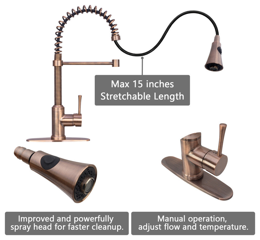 Copper Pre-Rinse Spring Kitchen Faucet with Pull Down Sprayer, Antique Copper