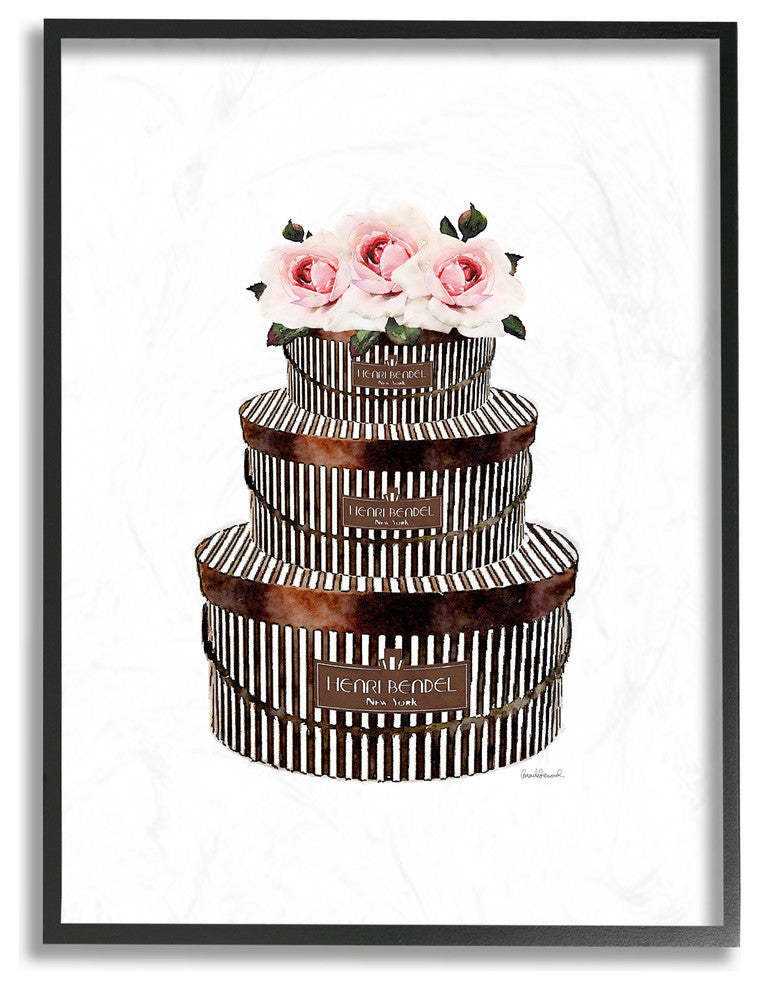 Brown Striped Hat Boxes with Pink Roses Oversized Framed Giclee, 16"x20"