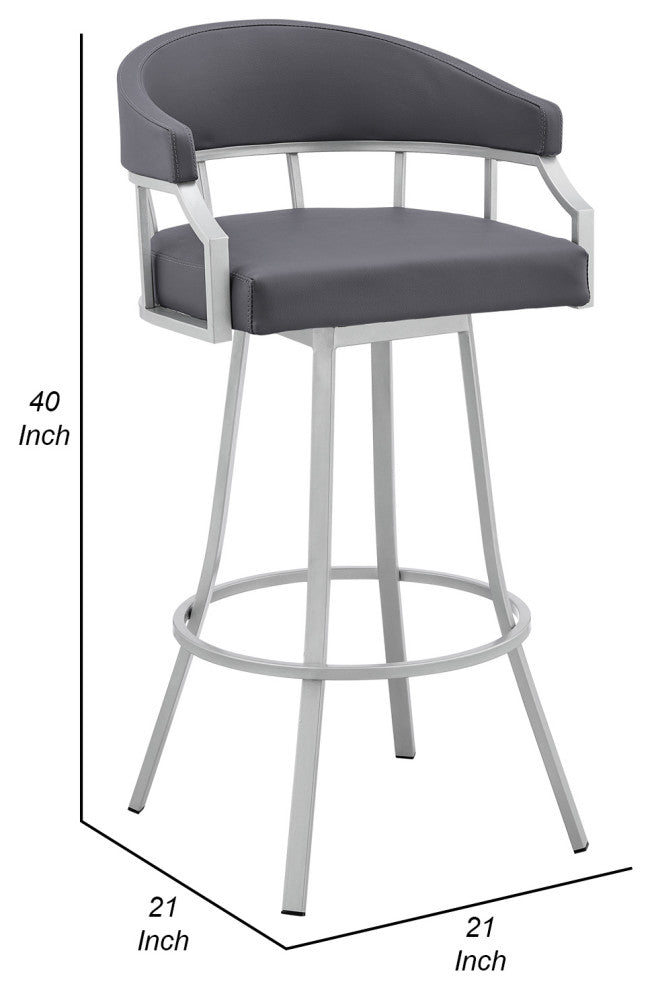 Benzara BM282097 30" Swivel Bar Stool, Silver Flared Legs, Gray Faux Leather