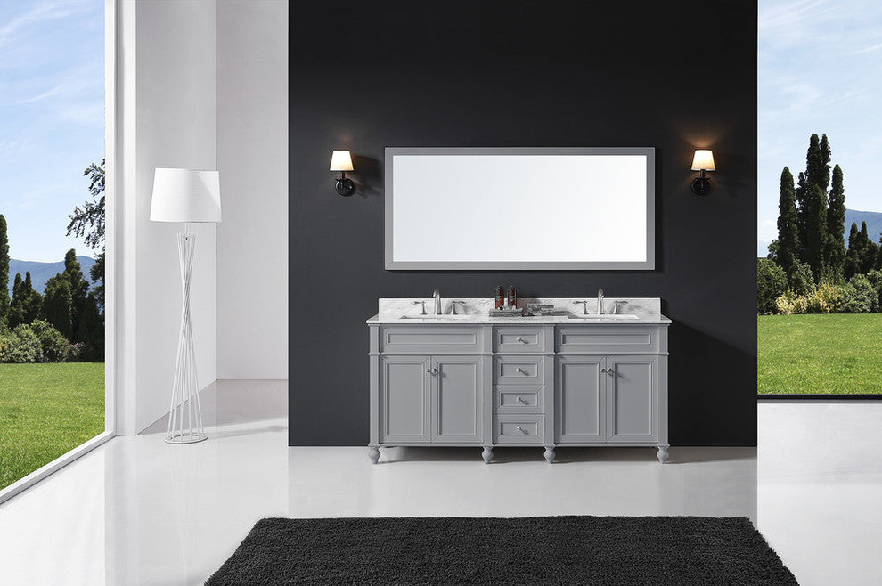 72" Double Bathroom Vanity, Taupe Gray with Carrara White Marble Top