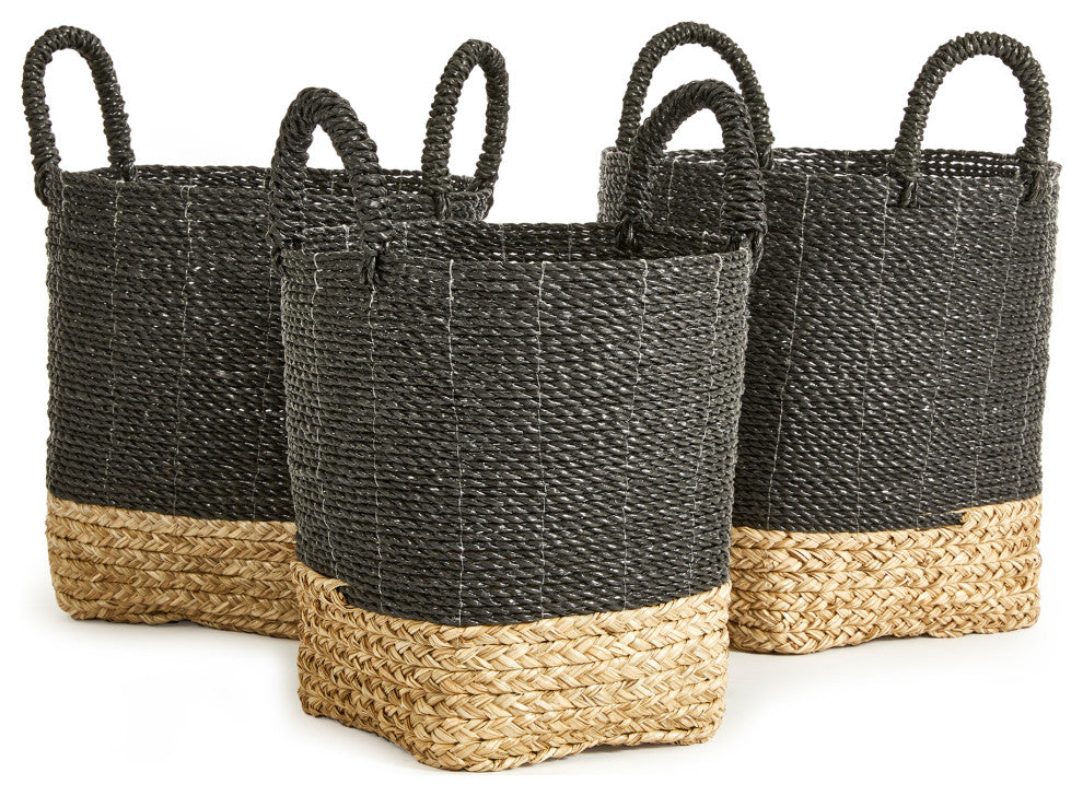 Set of 3 Contemporary Casual Natural Black Round Tote Baskets Handles Large