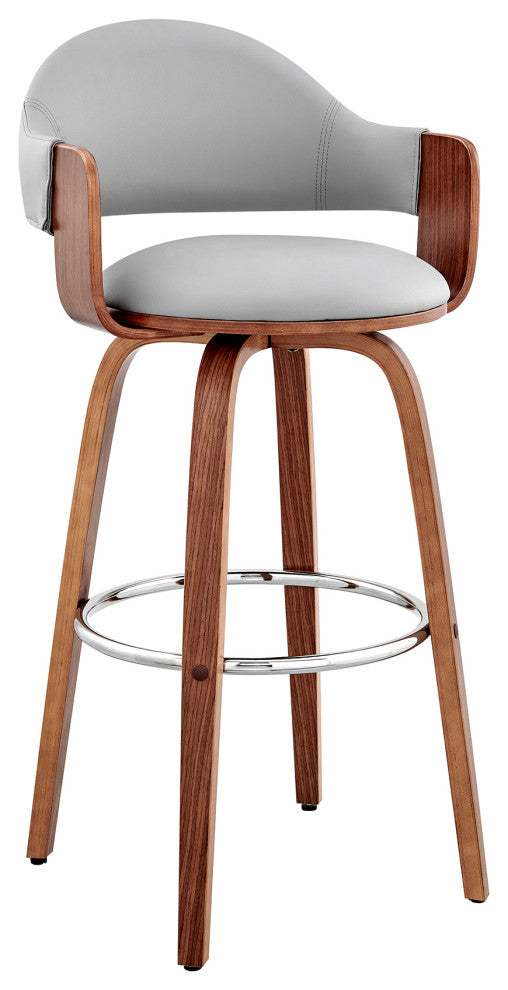 Daxton Faux Leather and Wood Bar Stool, Gray and Walnut, 30"