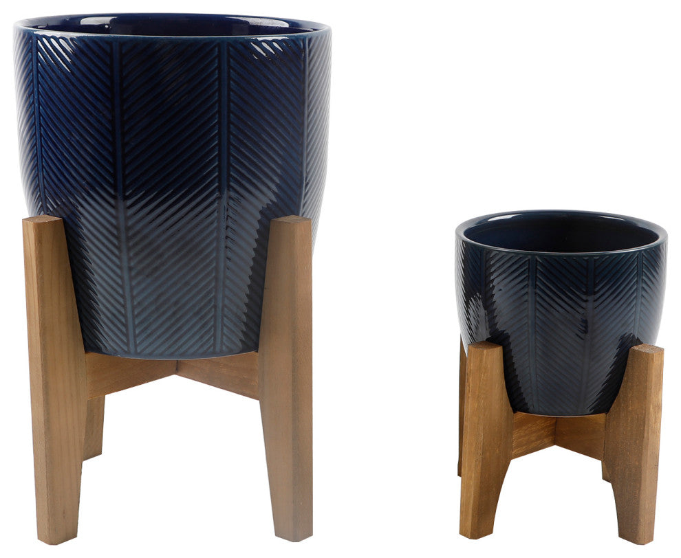 10" and 6.6" Chevron Ceramic Planter On Stand ? Set of 2