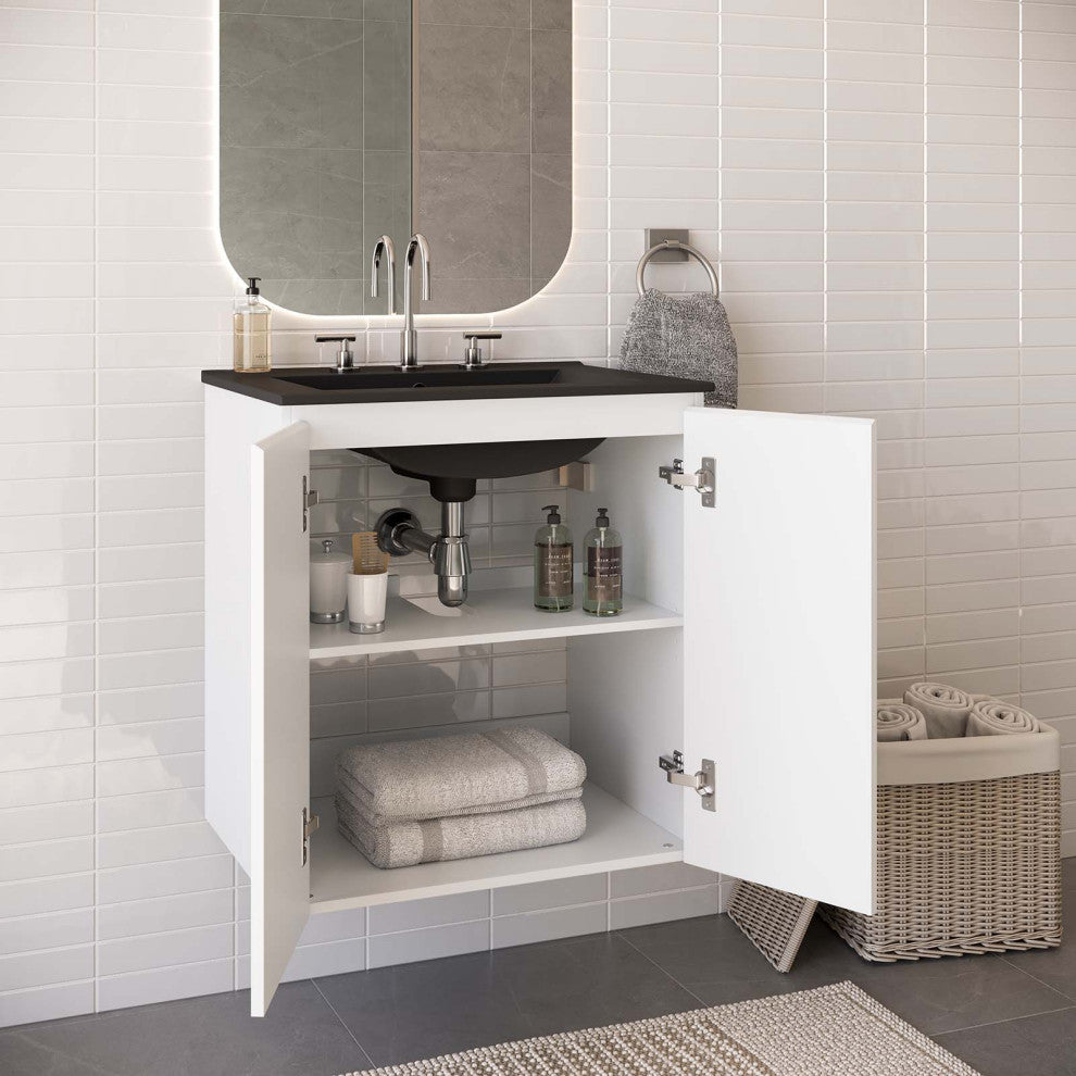 Sink Vanity Cabinet, Wall Mount, Black White, Ceramic, Modern, Hotel Bathroom