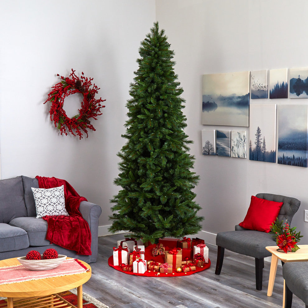 9' Slim West Virginia Mountain Pine Faux Xmas Tree W/ Lights & Bendable Branches