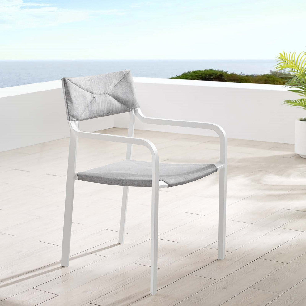 Side Dining Chair Armchair, Aluminum, Metal, White Gray, Modern, Outdoor