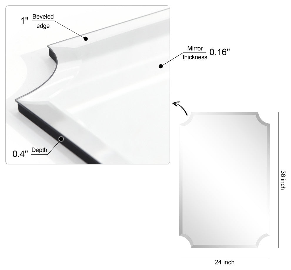 Frameless Rectangle Scalloped Beveled Wall Mirror, 1" Beveled Edge, 36"x24"