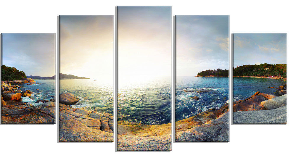 "Rocky Coast in Andaman Sea" Landscape Wall Art Canvas Print, 5 Panels, 60"x32"