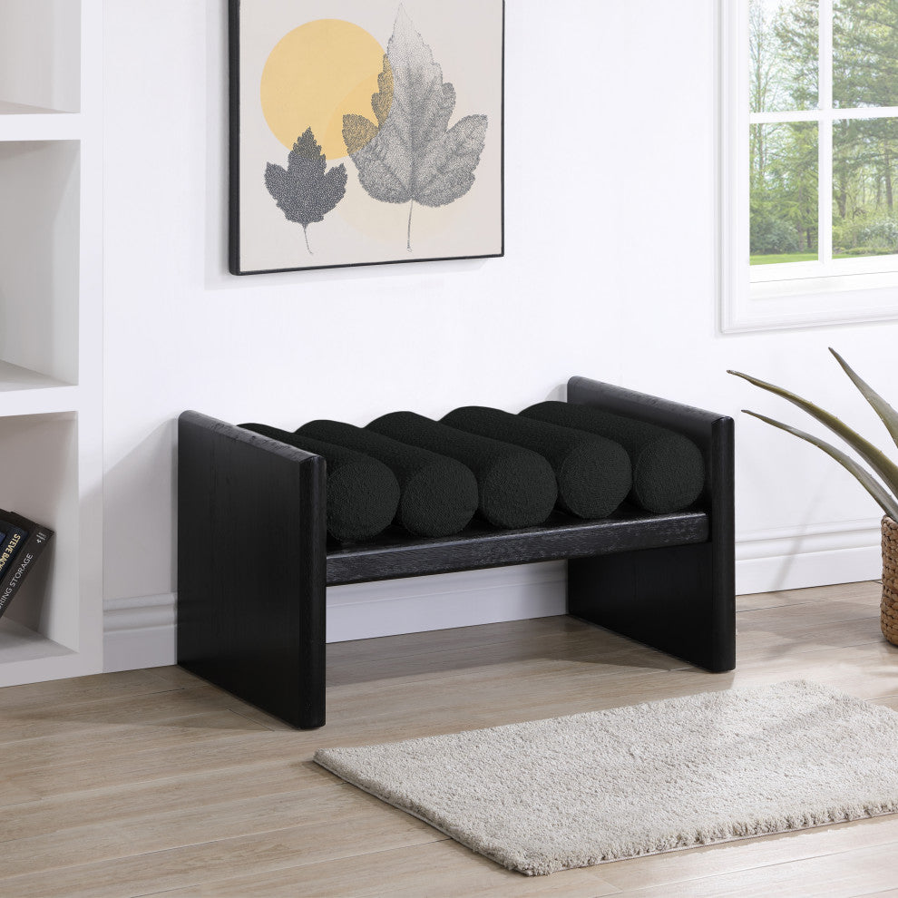 Waverly Boucle Fabric Upholstered Bench, Black, 32" Wide, Black Finish