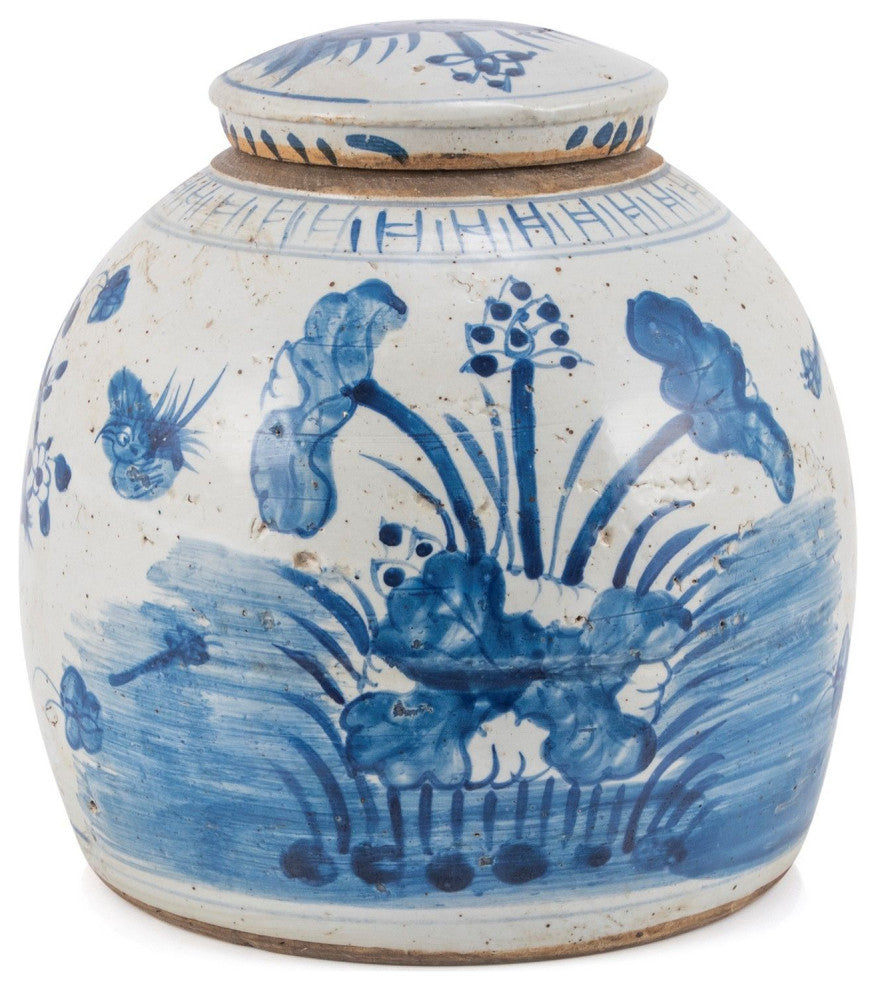 Blue & White Vintage Ming Jar Plum Lily Pad Motif, Large