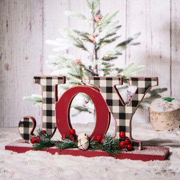11.42" Christmas Wooden Plaid JOY Table Decor