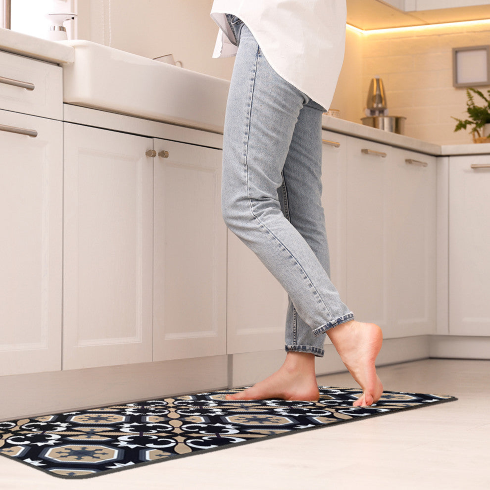 Carmen Printed Kitchen Runner Mat 47" x 20" Black and Beige Tile Design