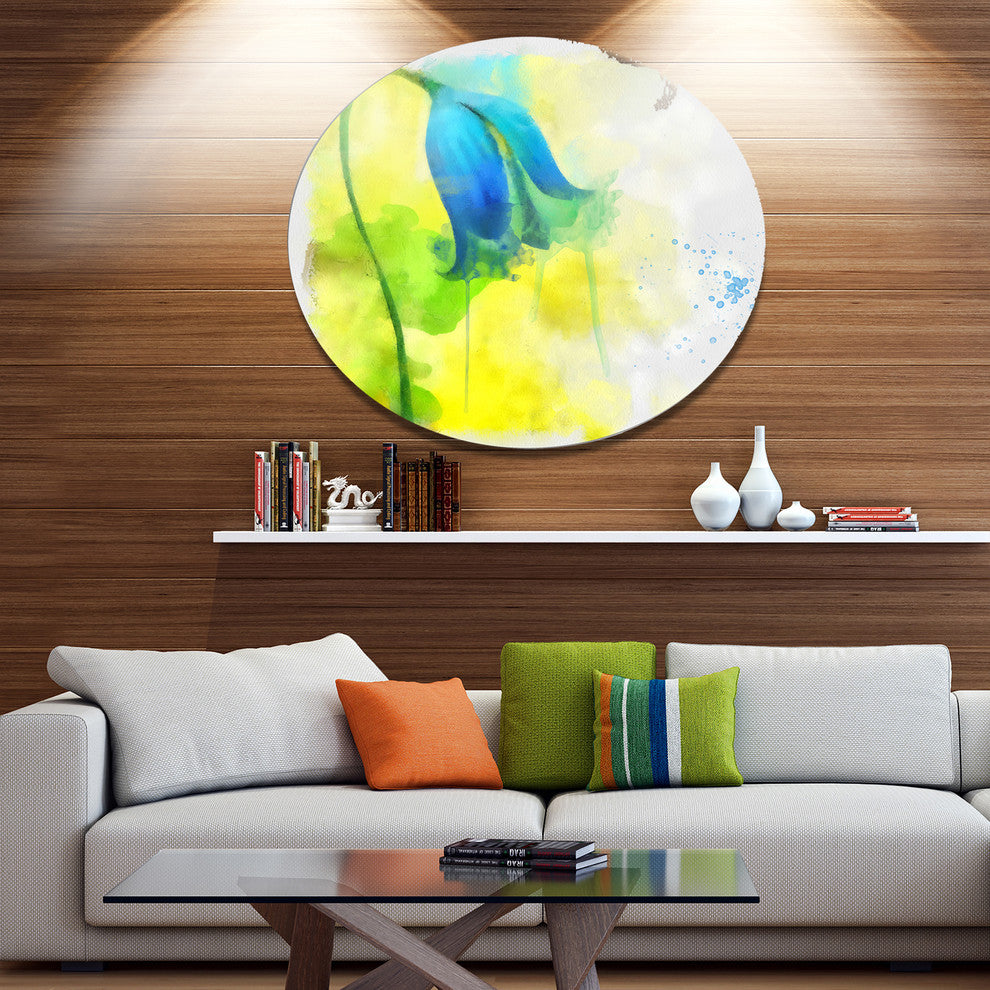Blue Flower With Yellow Splashes, Floral Round Metal Wall Art, 11"