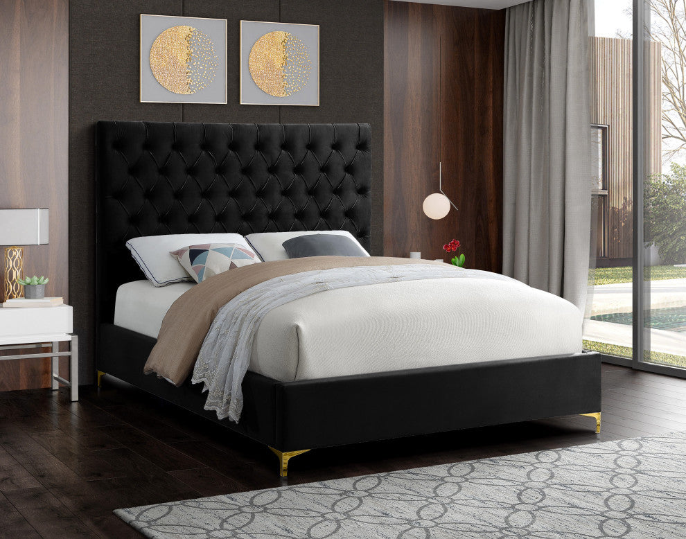 Cruz Velvet Upholstered Bed, Black, Full