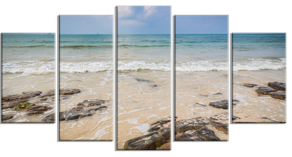"Rocks On Typical Tropical Beach" Beach Canvas Wall Art, 5 Panels, 60"x32"