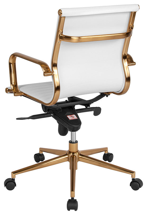 White Ribbed Leather Executive Swivel Office Chair,Gold Frame, Arms